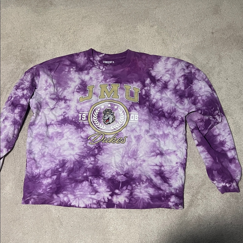 size small Zoozatz purple tie dye oversized JMU crewneck sweatshirt